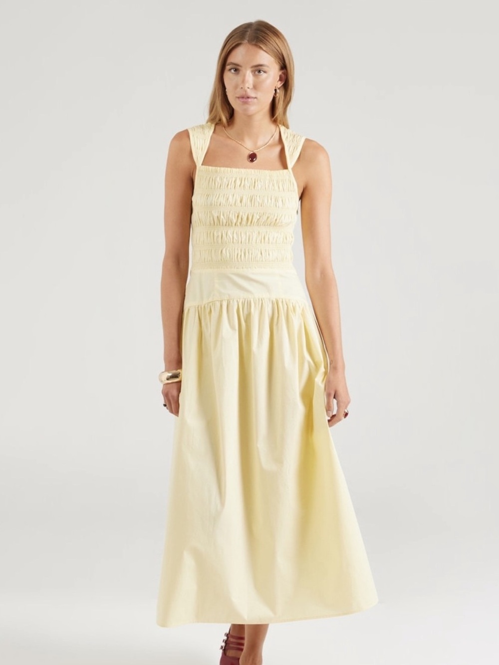 Topshop Buttermilk Yellow Smocked Bodice Midi Dress